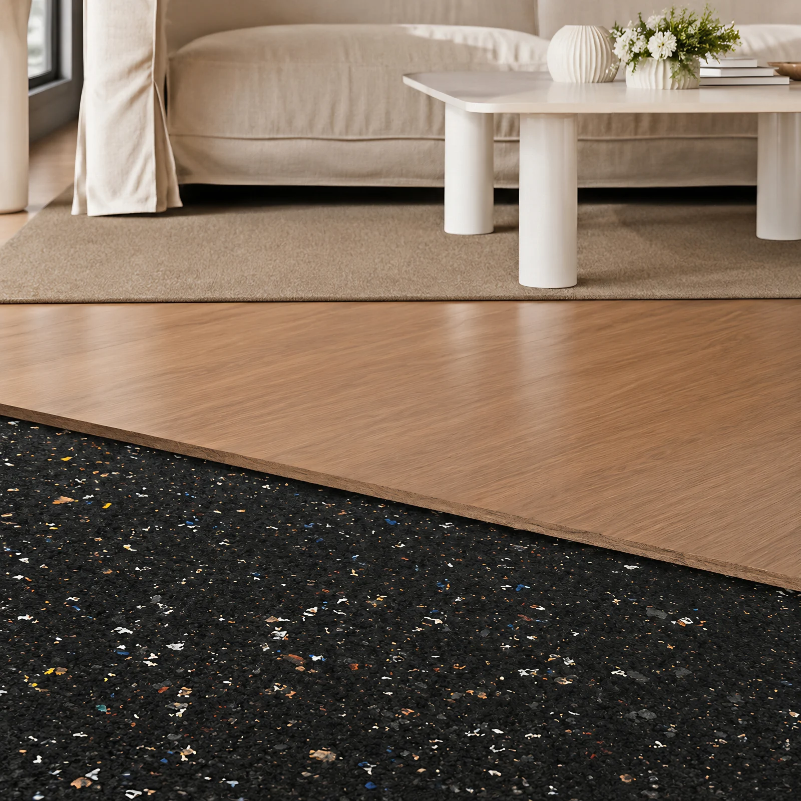 Rubber Floor Sound Mat underlayment close-up showing crumbled rubber composition