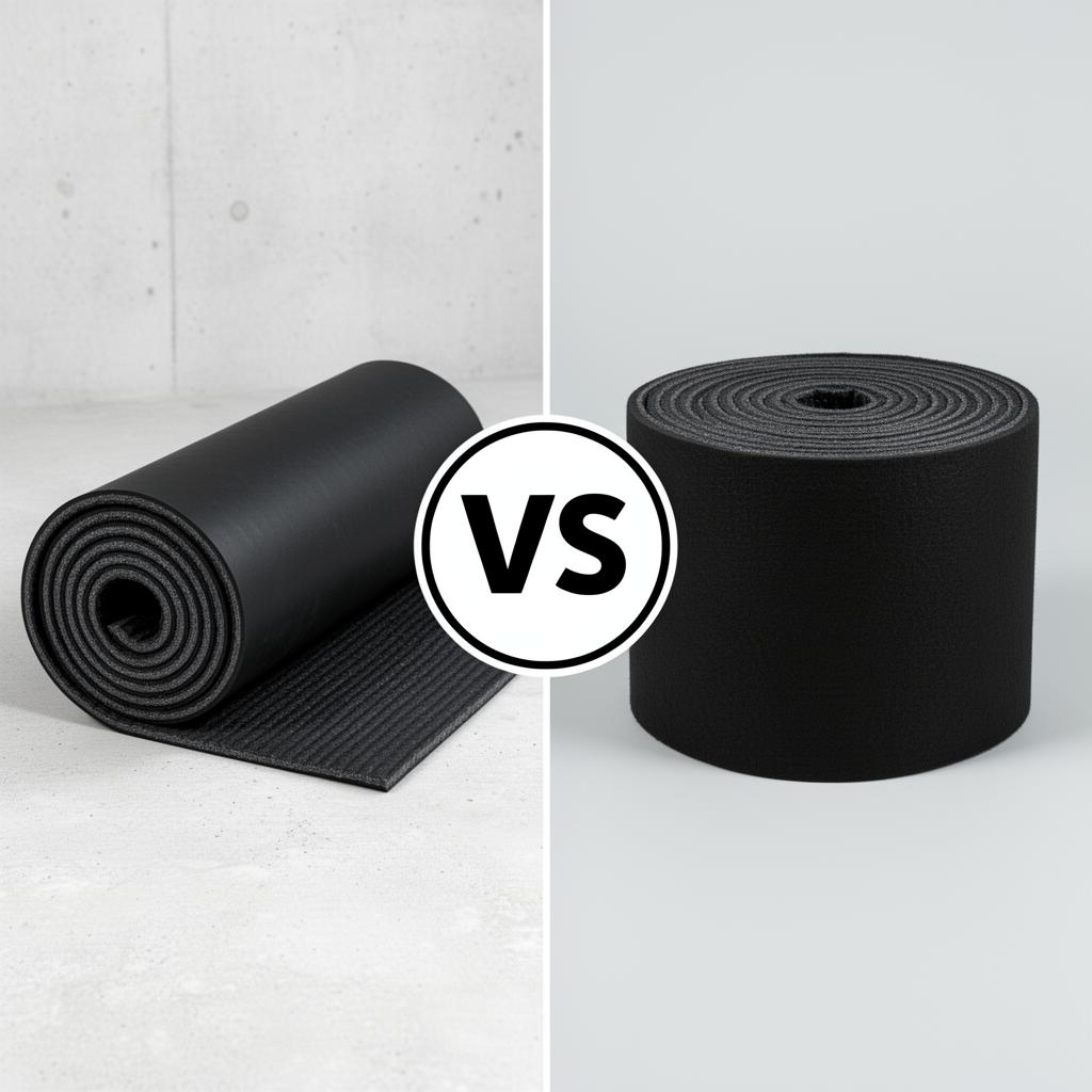 Side-by-side comparison of 1 lb and 2 lb mass loaded vinyl rolls showing thickness difference for soundproofing projects