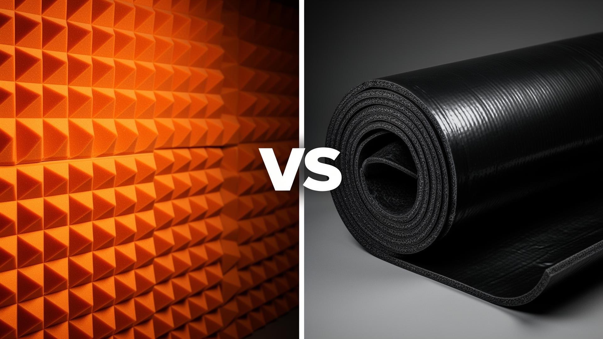 Side-by-side comparison: orange pyramid acoustic foam panels for echo absorption on left, black Mass Loaded Vinyl sheet for sound blocking on right