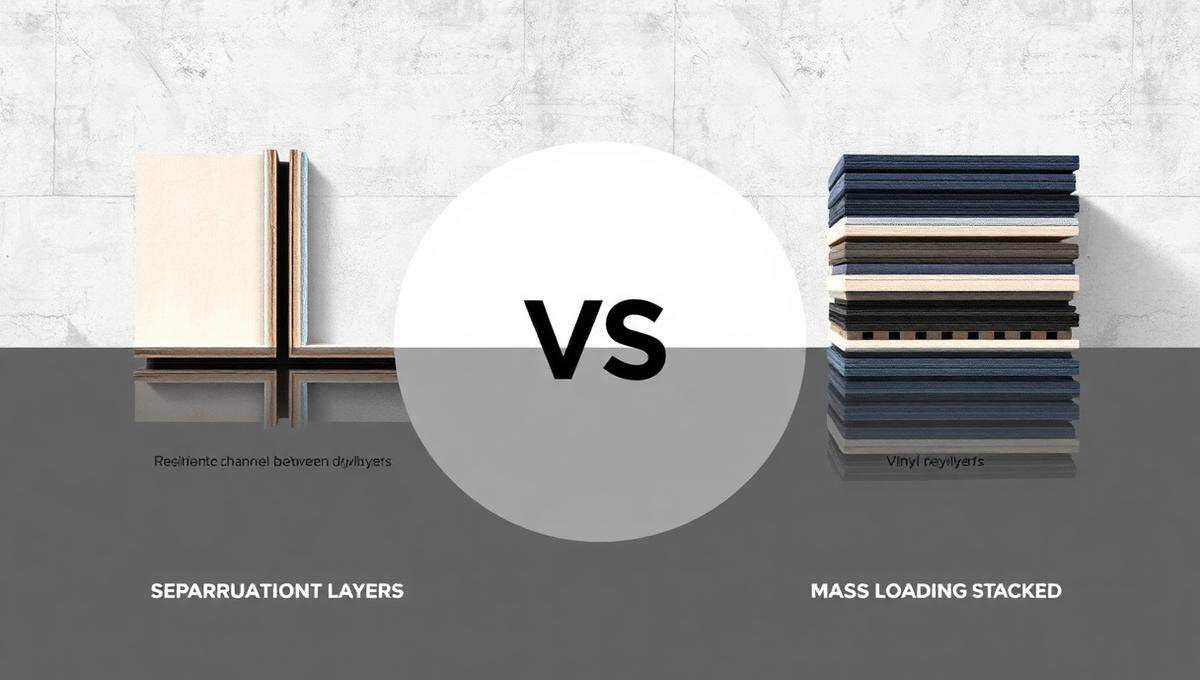 Split-screen comparison of decoupled wall assembly versus mass-loaded wall assembly for soundproofing