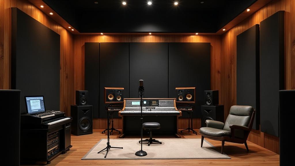 Professional home recording studio with acoustic treatment panels and soundproofing showing MLV installation