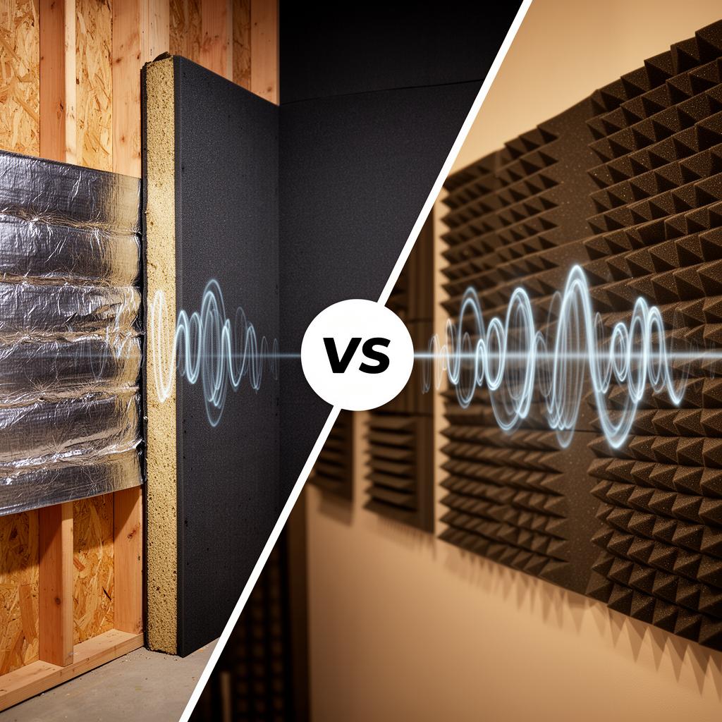 Split comparison showing mass loaded vinyl barrier blocking sound on left side versus acoustic foam panels absorbing echo on right side